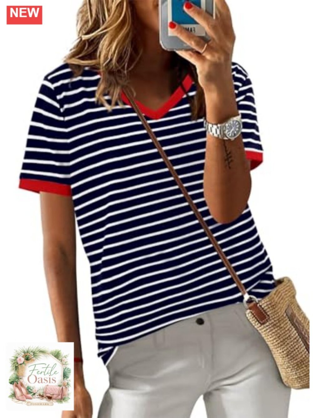 Striped Short Sleeve Tunic Top Casual Crewneck Summer Tshirt